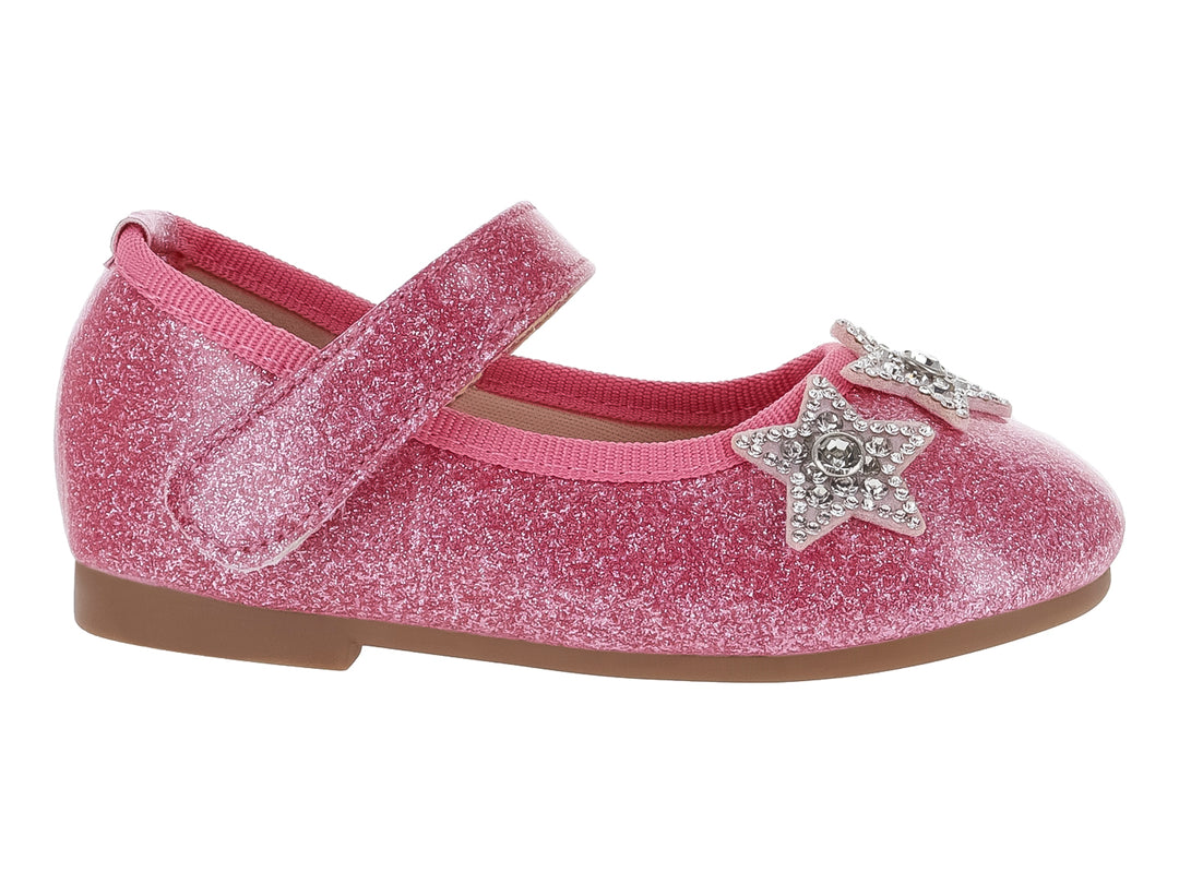 Zapato plano rosa con acabado de brillos y adornos de estrellas plateadas para niña.
