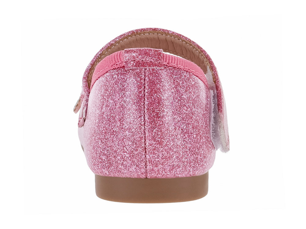 Zapato plano rosa con acabado de brillos y adornos de estrellas plateadas para niña.