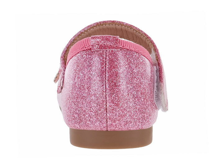 Zapato plano rosa con acabado de brillos y adornos de estrellas plateadas para niña.