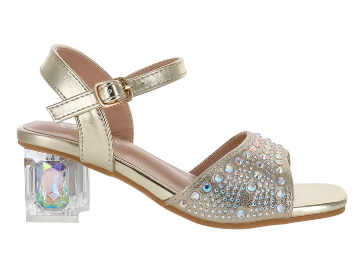 Sandalia dorada con tacón cuadrado transparente y adornos de brillantes en la punta.