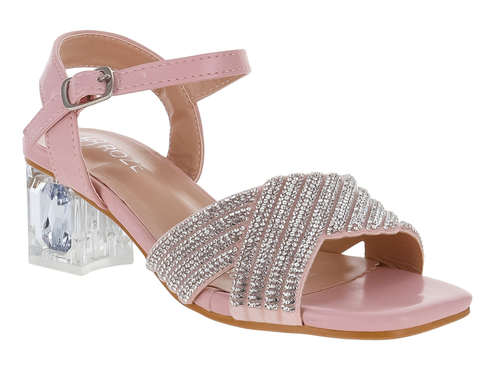 Sandalia color rosa para niña con tacón bajo transparente y correa frontal decorada con pedrería plateada.