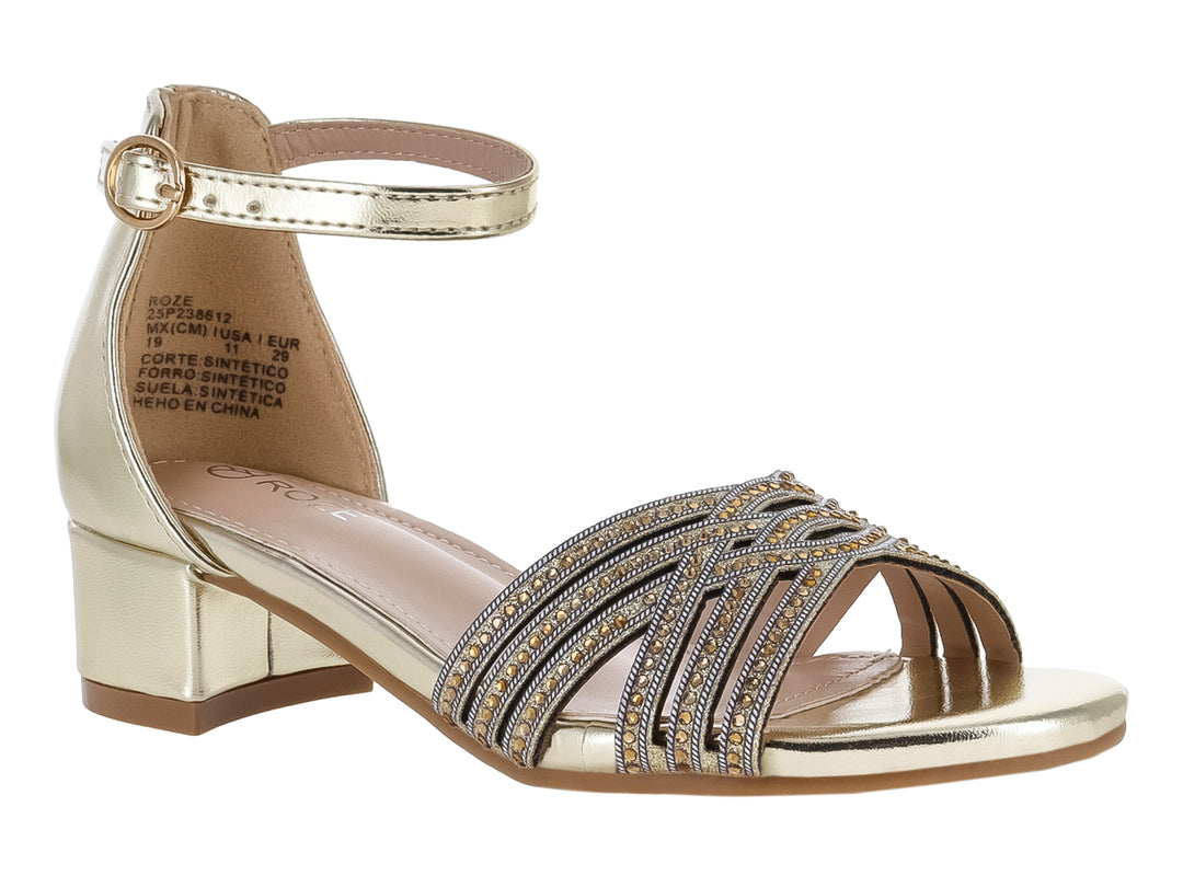 Sandalia color oro rosa con tacón cuadrado y tiras decoradas con detalles brillantes.