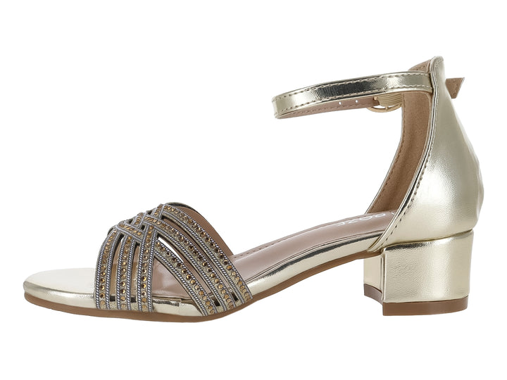 Sandalia color oro rosa con tacón cuadrado y tiras decoradas con detalles brillantes.