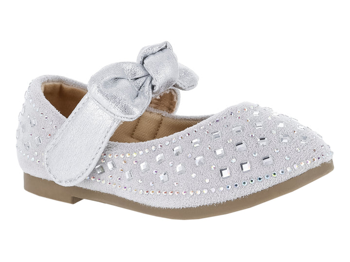 Zapato plano plateado para Niña con moño decorativo y detalles brillantes.