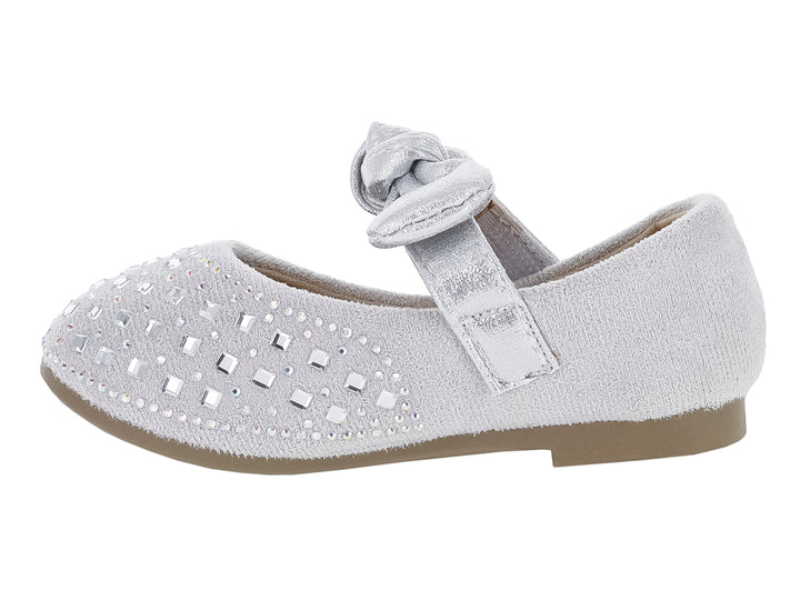 Zapato plano plateado para Niña con moño decorativo y detalles brillantes.