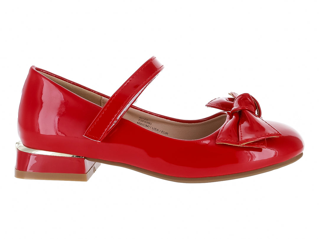 Zapato rojo brillante para niña estilo Mary Jane con moño decorativo y correa ajustable.