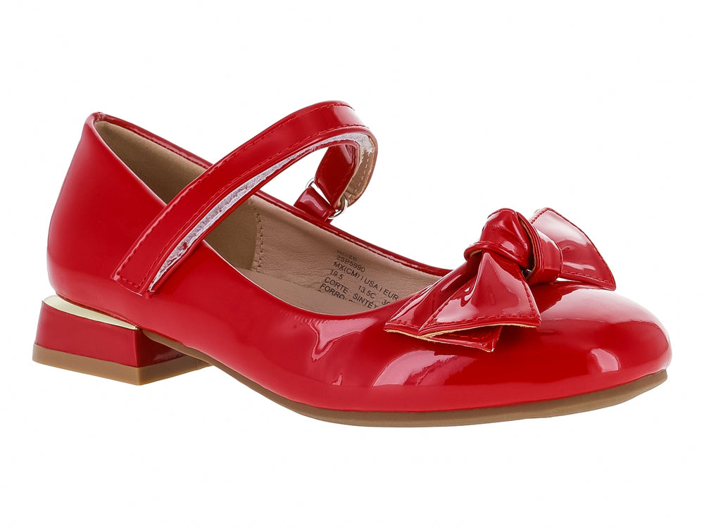 Zapato rojo brillante para niña estilo Mary Jane con moño decorativo y correa ajustable.