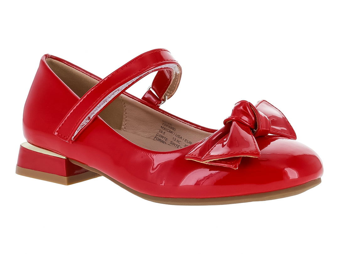 Zapato rojo brillante para niña estilo Mary Jane con moño decorativo y correa ajustable.