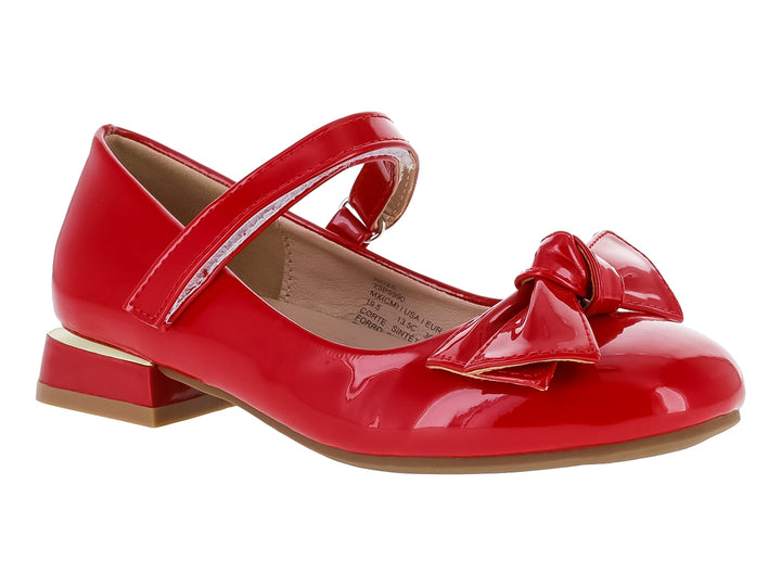 Zapato rojo brillante para niña estilo Mary Jane con moño decorativo y correa ajustable.