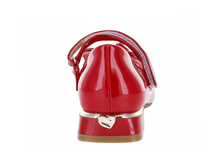 Zapato rojo brillante para niña estilo Mary Jane con moño decorativo y correa ajustable.
