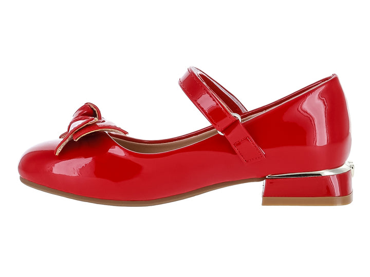 Zapato rojo brillante para niña estilo Mary Jane con moño decorativo y correa ajustable.