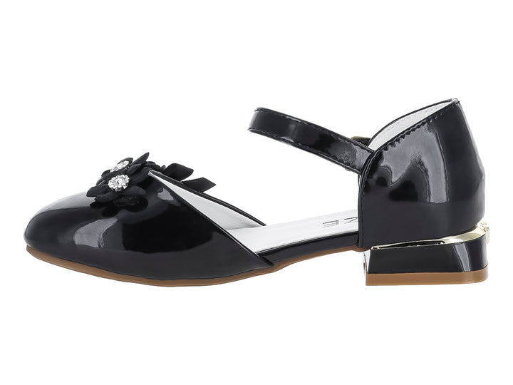 Zapato negro de charol para niña con moño decorativo, pedrerías y correa ajustable al tobillo.