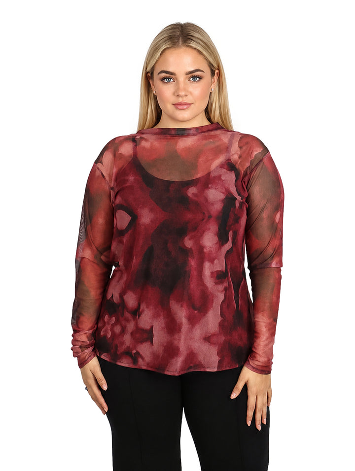Blusa de manga larga para mujer con estampado abstracto en tonos negro y vino.
