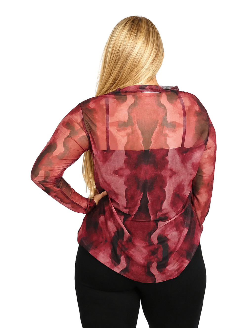Blusa de manga larga para mujer con estampado abstracto en tonos negro y vino.