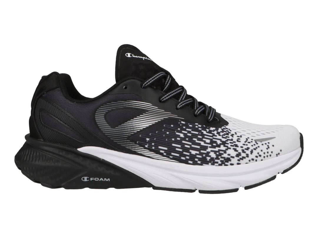 Tenis deportivos Champion en colores negro y blanco con diseño degradado de puntos y suela blanca.
