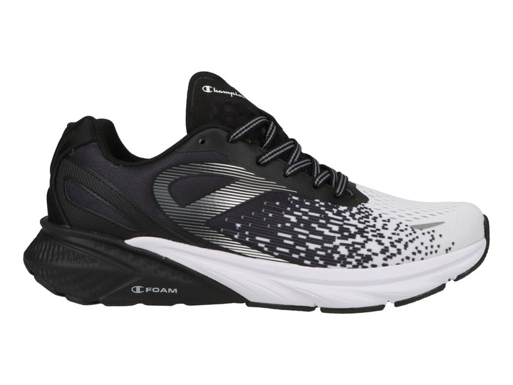 Tenis deportivos Champion en colores negro y blanco con diseño degradado de puntos y suela blanca.