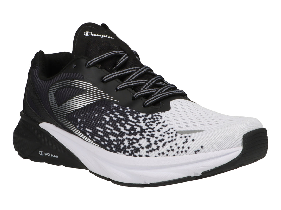 Tenis deportivos Champion en colores negro y blanco con diseño degradado de puntos y suela blanca.