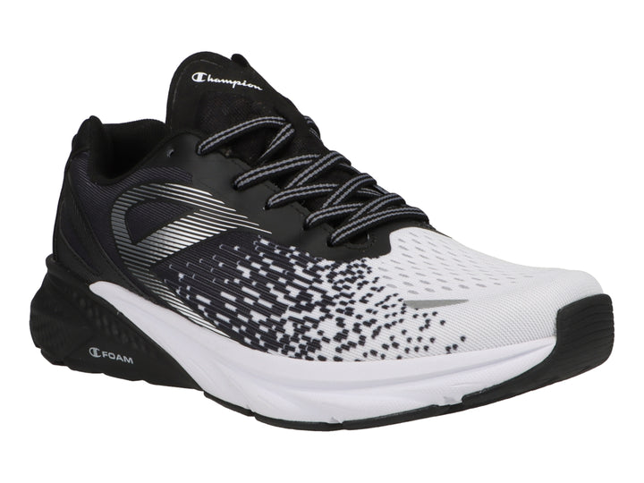 Tenis deportivos Champion en colores negro y blanco con diseño degradado de puntos y suela blanca.