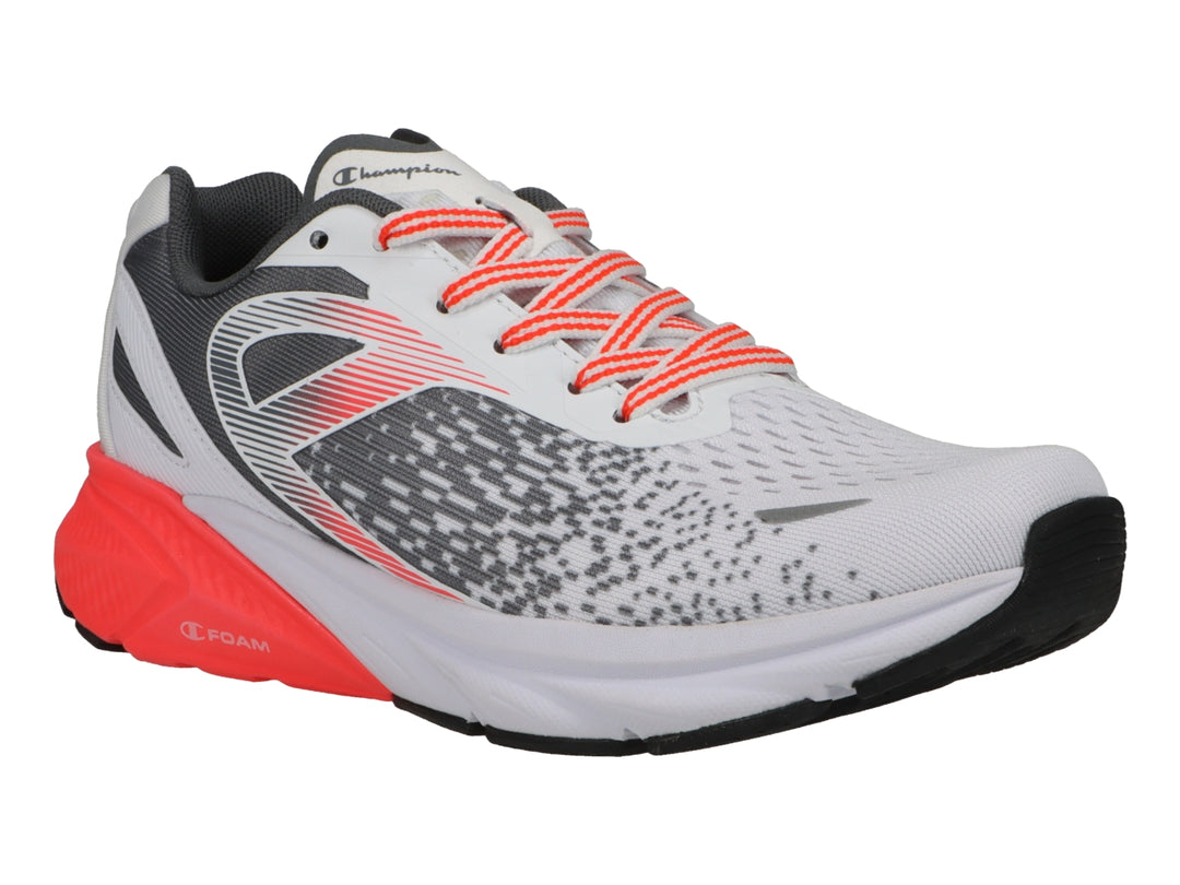 Tenis deportivos Champion color blanco con detalles en gris y suela roja.