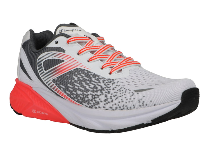 Tenis deportivos Champion color blanco con detalles en gris y suela roja.