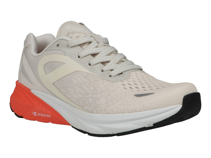 Tenis deportivos Champion color beige con detalles en coral y blanco.