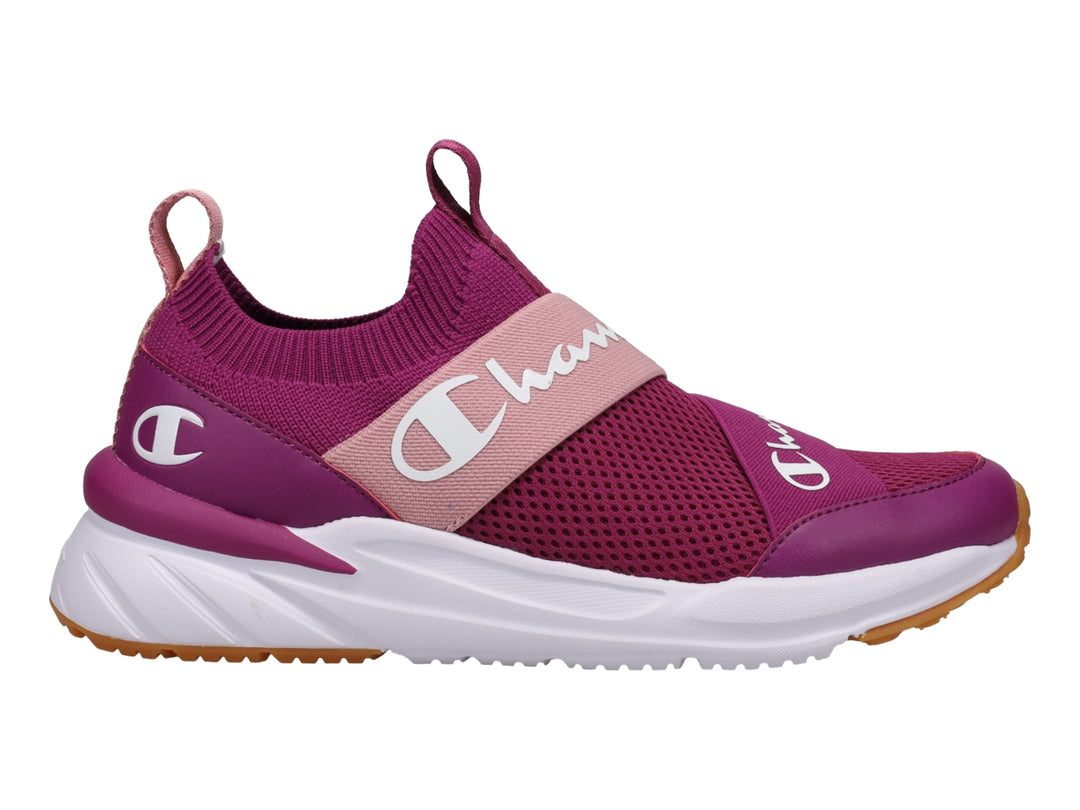 Tenis deportivos Champion color cereza y malva con suela blanca y diseño slip-on.