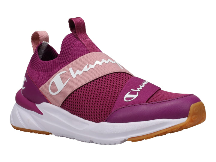 Tenis deportivos Champion color cereza y malva con suela blanca y diseño slip-on.