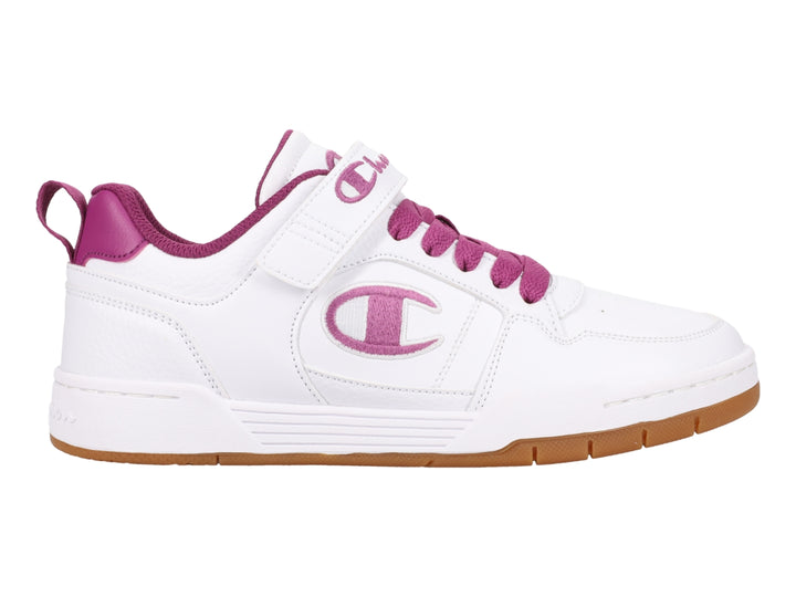 Tenis Champion blancos con detalles en color vino y suela de goma color miel.