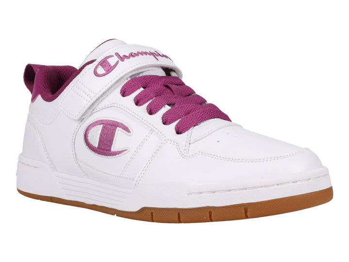 Tenis Champion blancos con detalles en color vino y suela de goma color miel.