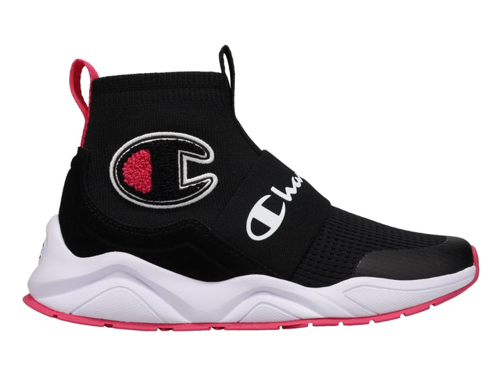 Tenis deportivos Champion color negro con suela blanca y detalles en rosa, diseño tipo calcetín.