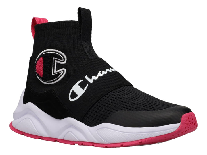 Tenis deportivos Champion color negro con suela blanca y detalles en rosa, diseño tipo calcetín.