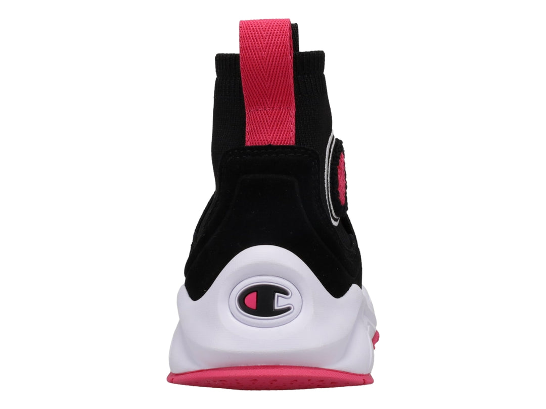 Tenis deportivos Champion color negro con suela blanca y detalles en rosa, diseño tipo calcetín.
