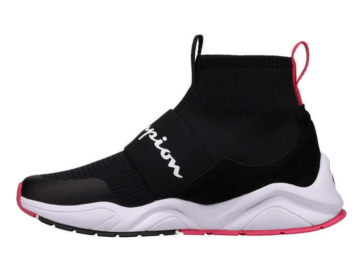 Tenis deportivos Champion color negro con suela blanca y detalles en rosa, diseño tipo calcetín.