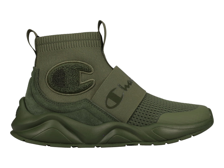 Tenis deportivos Champion color verde oliva con diseño tipo calcetín y suela gruesa.