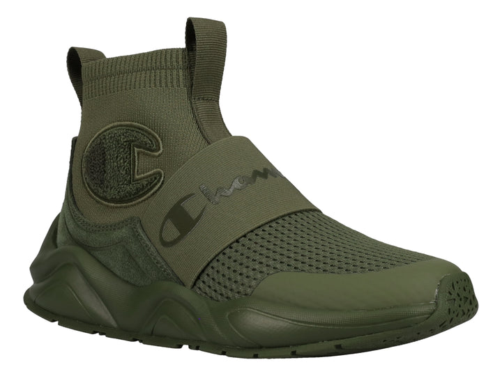 Tenis deportivos Champion color verde oliva con diseño tipo calcetín y suela gruesa.