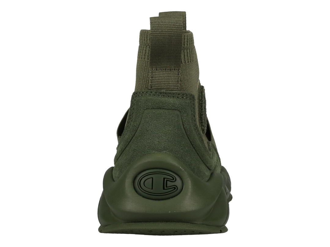 Tenis deportivos Champion color verde oliva con diseño tipo calcetín y suela gruesa.