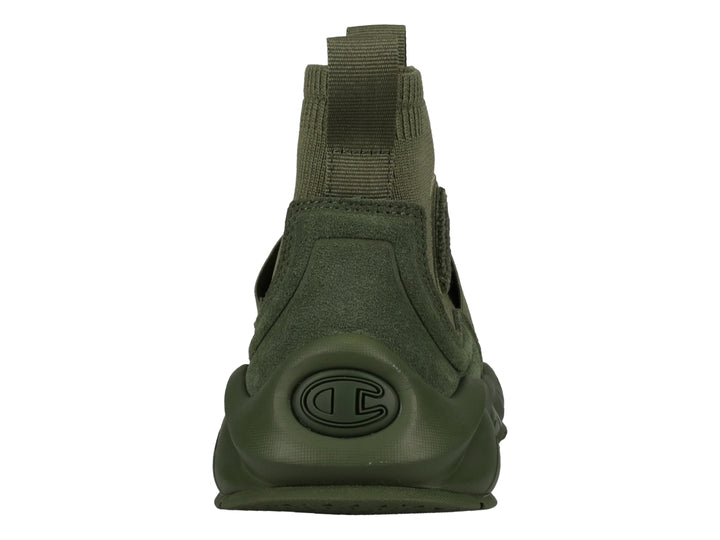 Tenis deportivos Champion color verde oliva con diseño tipo calcetín y suela gruesa.