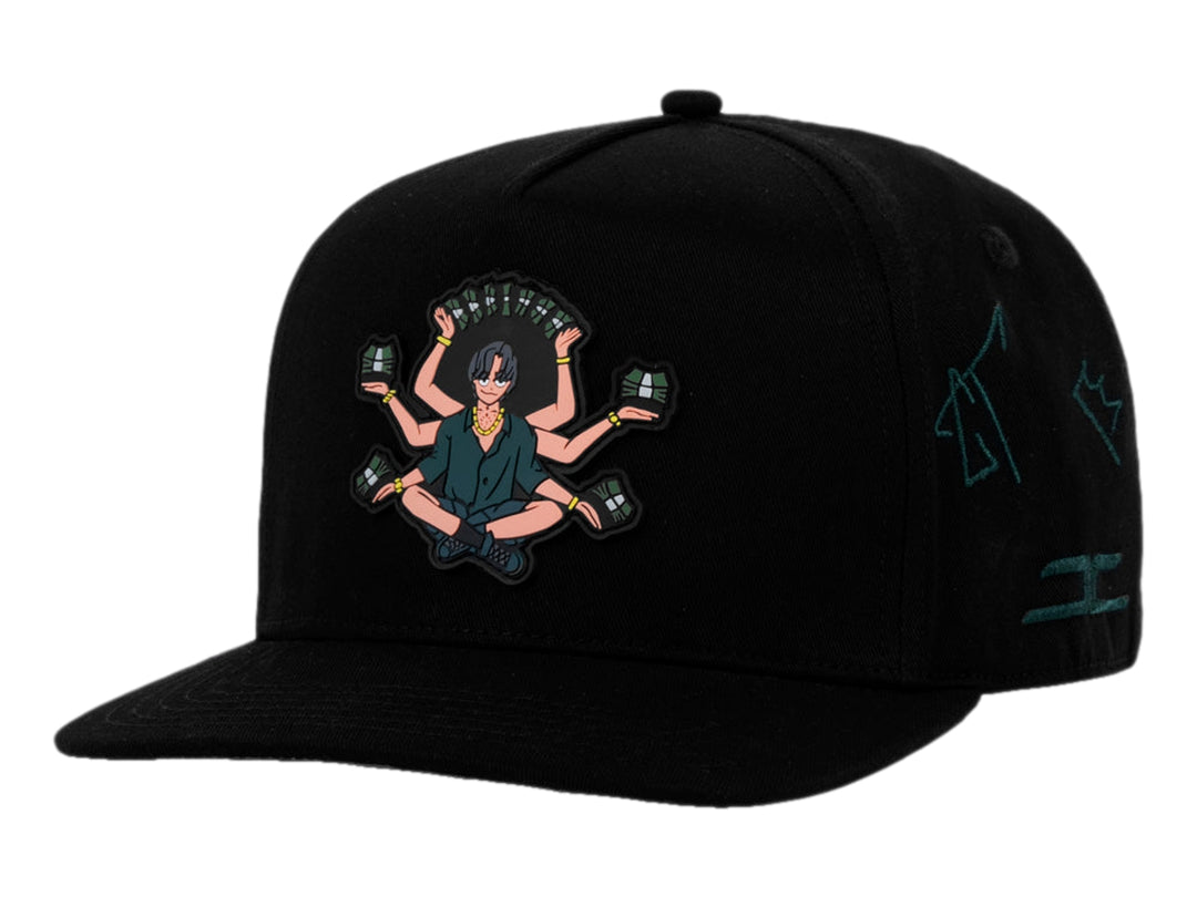 Gorra snapback color negro con bordado frontal de un personaje sosteniendo billetes y detalles laterales.
