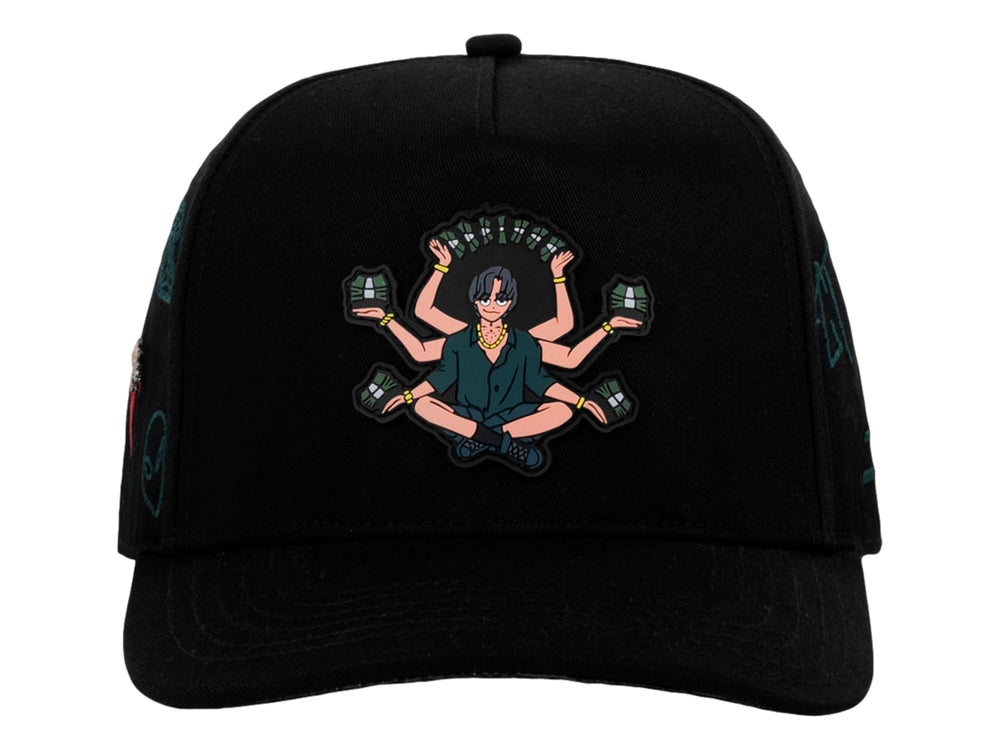 Gorra snapback color negro con bordado frontal de un personaje sosteniendo billetes y detalles laterales.