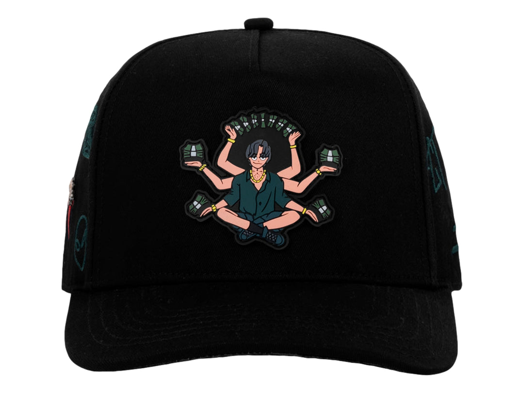 Gorra snapback color negro con bordado frontal de un personaje sosteniendo billetes y detalles laterales.