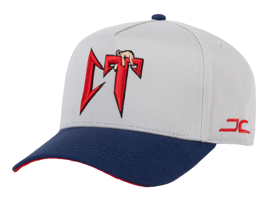 Gorra snapback gris con visera azul marino y detalles en rojo.