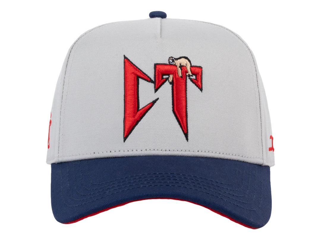 Gorra snapback gris con visera azul marino y detalles en rojo.
