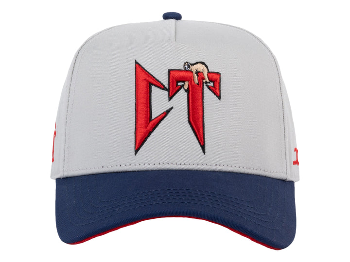 Gorra snapback gris con visera azul marino y detalles en rojo.