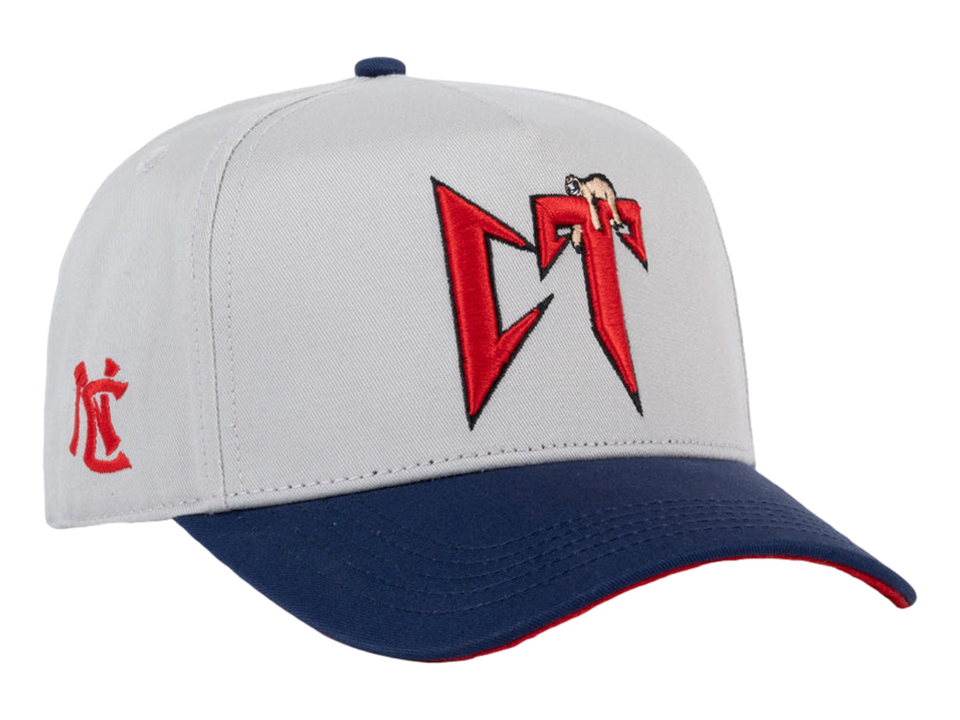 Gorra snapback gris con visera azul marino y detalles en rojo.