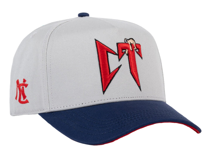Gorra snapback gris con visera azul marino y detalles en rojo.