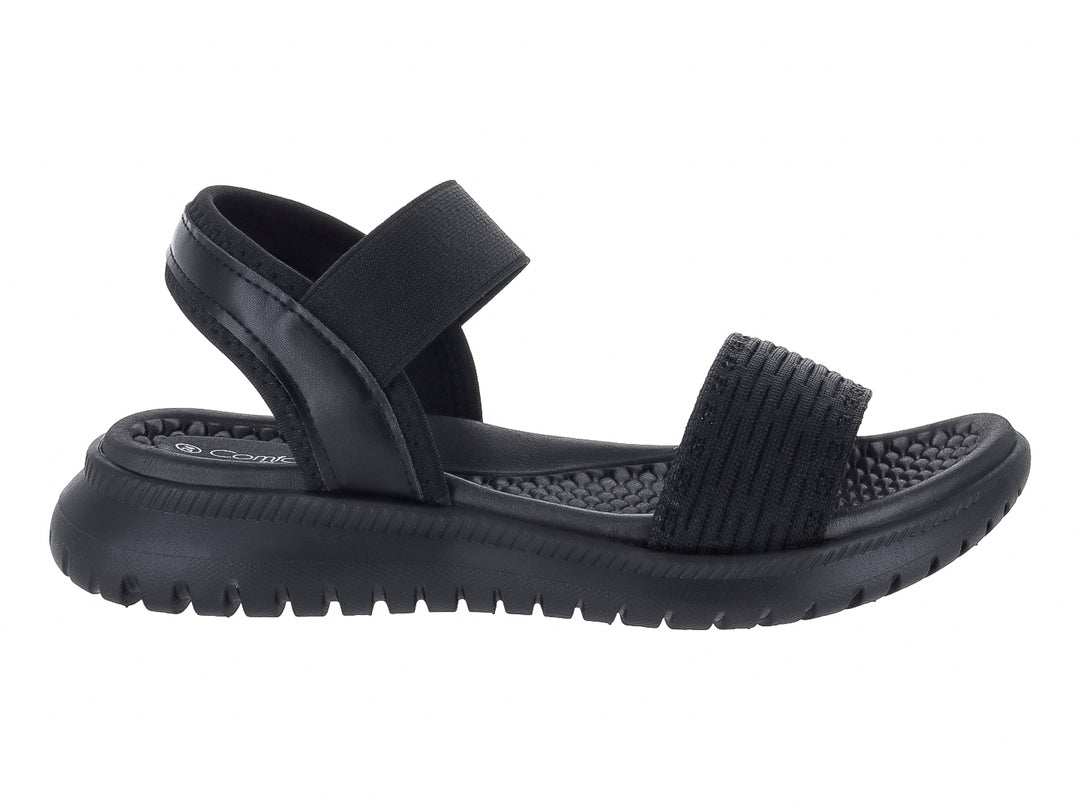 Sandalia negra Comfort Fit con correa trasera y banda frontal texturizada.