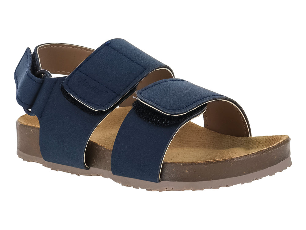Sandalia azul marino con dos correas ajustables y suela color café.