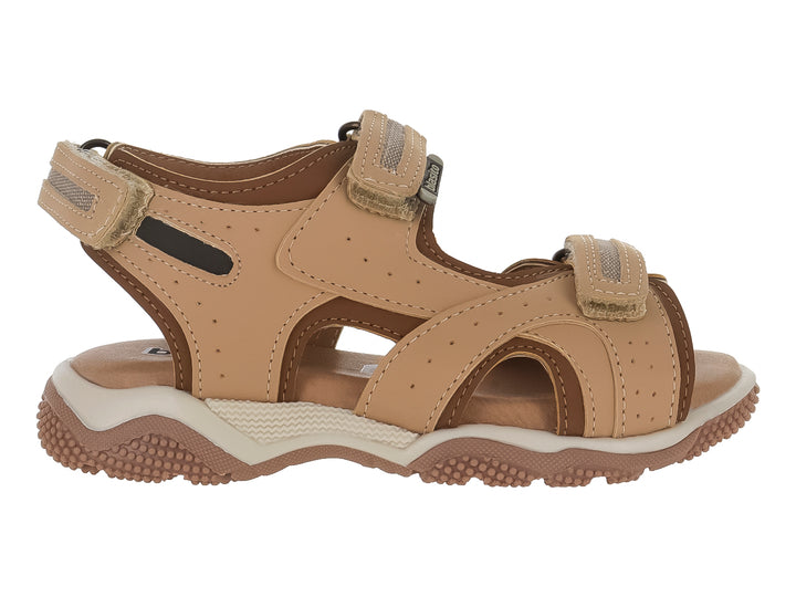 Sandalia infantil color camel con correas de velcro y suela robusta en tonos beige y café.