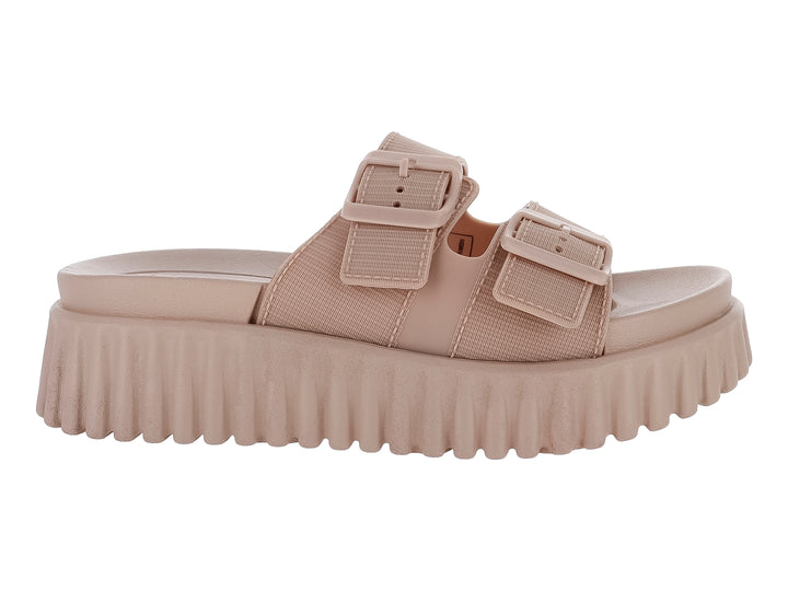 Sandalias Furor color taupe con plataforma alta, suela dentada y dos correas con hebillas ajustables.