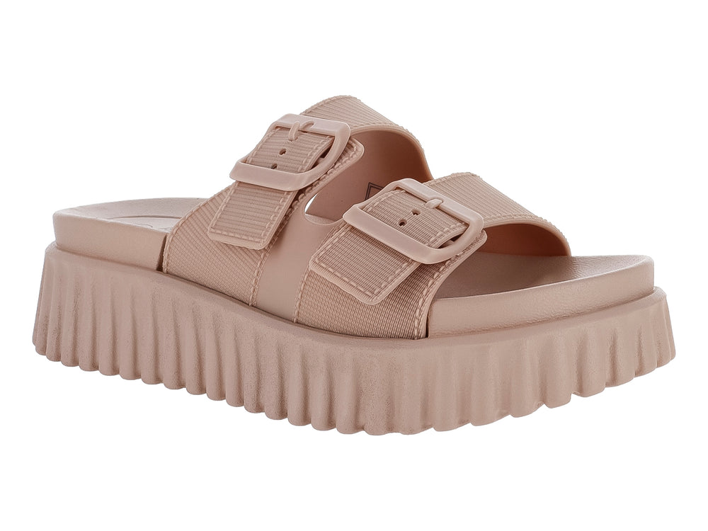 Sandalias Furor color taupe con plataforma alta, suela dentada y dos correas con hebillas ajustables.
